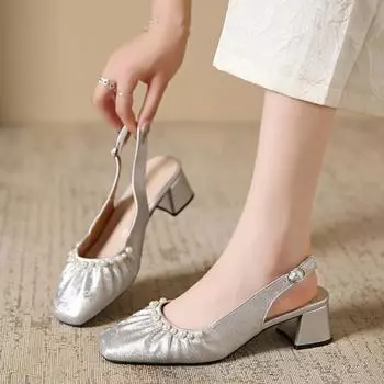 2024 Новый стиль Универсальные туфли с квадратным носком, однотонные туфли с отделкой из бисера, ремешок для ремня сзади, темперамент, однострочный ремешок с пряжкой 34 бежевый