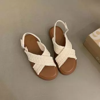 2024 New Summer Bohemian Women s Sandals Fashion Women s Cross Flat Sandals Women Comfortable Open-toed Shoes 35 бежевый