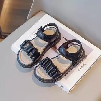 2024 New Summer Boys Sandals Cute Hook & Loop Pleated Simple Baby Girls Beach Shoes Non-slip Breatheable Children Casual Shoes 26 чёрный