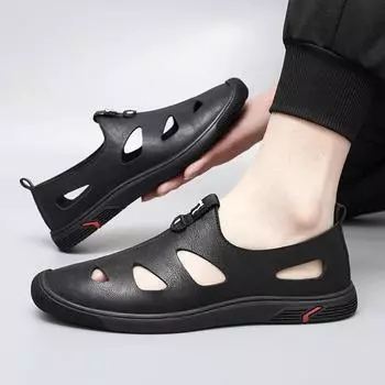 2024 New Summer Casual Leather Men Sandals Fashion Outdoor Beach Sandals Lightweight Sandals Soft Comfy Breathable Walking Shoes 38 чёрный