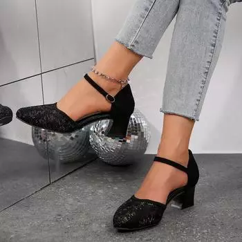 2024 new summer European and American style fashion mesh round bag head hollow one-word belt buckle high-heeled sandals 36 чёрный