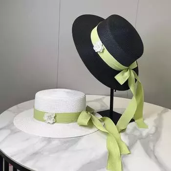 2024 New Summer French Celebrity Flat Top Top Hat Elegant Bow Straw Seaside Sunscreen Hat average size (56-58cm)