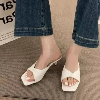 2024 New Summer High Heel Women Slipper Fashion Elegant Open Toe Slides Outdoor Casual Slip on Office Lady Sandalias 34 чёрный