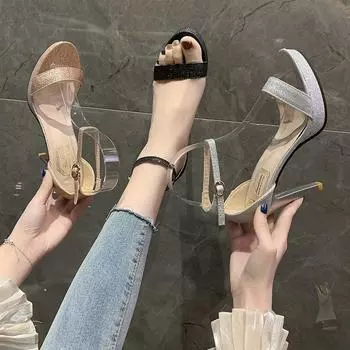 2024 new summer high heels sexy word with sandals stiletto nude platform fashion sandals women 34 чёрный