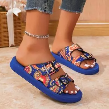 2024 New Summer High Quality Women s Shoes Fashion Open Toe Color Block Buckle Casual Roman Women s Flat Beach Slippers 36