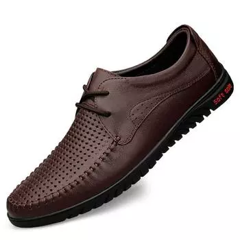 2024 new summer hollow leather shoes first layer cowhide breathable casual leather shoes middle-aged soft leather soft sole driving shoes 38