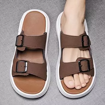 2024 New Summer Men s Soft Soles Slippers Suede Leather Slippers Man Indoor and Outdoor Two Buckle Beach Slides Footwear for Men 39 коричневый