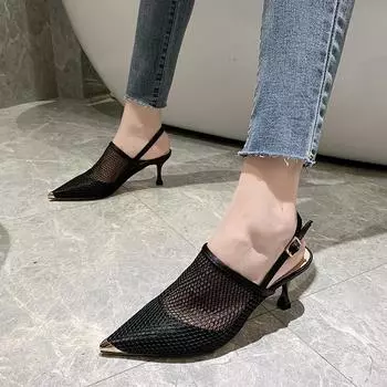 2024 New Summer Mesh Hollow Roman Pointed Toe Color Matching Sandals Women s Stiletto Baotou Banquet High Heels Designer Sandals 35 чёрный