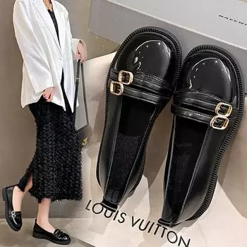 2024 new summer retro British style small leather shoes versatile one-pedal flat-soled French single shoes Mary Jane women s shoes 35 чёрный