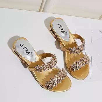 2024 New Summer Shiny Crystal Sandals for Ladies Luxury Rhinestone Sandals for Ladies Low Heel Sandals Womens Shoes 34 золотой