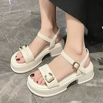 2024 New Summer Square Med Heel Female Shoes Leather Slingback Women Pumps Ankle Strap Buckle Sandals Size 35-40 35 бежевый