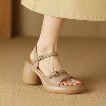 2024 New Summer Temperamental Women Sandals Platform Open Toe ankle buckle Chunky high Heel Ladies Shoes Real Leather Shoes 35 абрикосовый