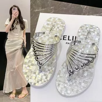 2024 New Summer Travel Beach Flat Bottomed Sandals with Flip Flops for Women s Outerwear Fashion and Anti Slip Sandals 36 золотой