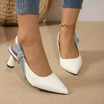 2024 Новые летние женские туфли на каблуке с острым носком в стиле ретро, однотонные туфли на высоком каблуке из искусственной кожи для банкета и вечеринки, женские сандалии большого размера 35 чёрный