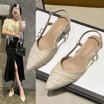 2024 New Summer Women s New Elegant Pointed Toe Retro Low Heels Outdoor Party Women s Slingback Sandals Zapatillas Mujer 35 абрикосовый