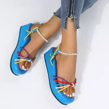 2024 New Summer Women s Sandals Fashion Buckle Beaded Shoes Sexy Colorblock Sandals Women s Wedge Heel Platform Casual Shoes 36 синий