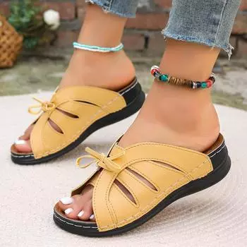 2024 new summer women s shoes slope heel fish mouth slippers solid color large size bow decoration Roman sandals women 36 чёрный