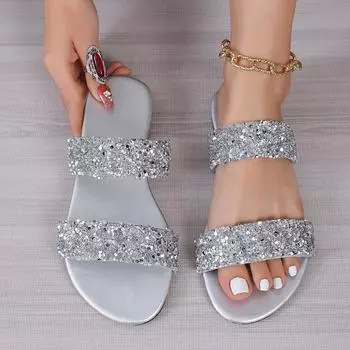 2024 New Summer Women Sandals Rhinestone Sexy Crystal Back Strap Shoes Women Flat with Bling Comfort Sandal Plus Size 42 36 золотой