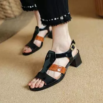 2024 New Summer Women Sandals Square Toe Chunky Heel Shoes Genuine Leather Shoes for Women Concise Narrow Band Handmade Shoes 34 чёрный