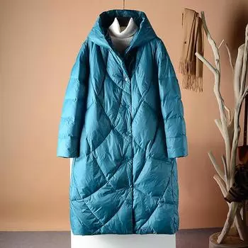 2024 New Temperament Slim-fitting с капюшоном, теплая средняя и длинная пуховая куртка женская зимняя до колена, устойчивая к холоду, белая утиная пуховая куртка L чёрный