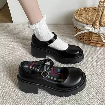 2024 New Thick Heel Mary Janes Shoes Simple Solid Color Student Shoes Women Platform Heels College Buckle Strap Women s Shoes 34