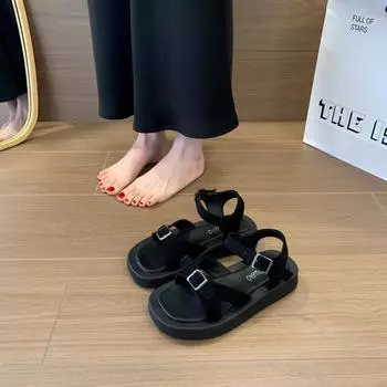 2024 New Thick Soled Casual Beach FlatSandalsWomen DesignerPlatform Rome Sandals Summer Thick Bottom Real Leather Sandals Ladies 35 чёрный