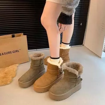 2024 new thick-soled snow boots winter new round head versatile velvet thickened two wear turned hair short tube snow cotton 35 малиновый