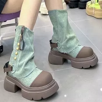 2024 New Thick-soled Women s Flat-soled Ankle Cowboy Boots Winter Fashion Gothic Fashion Trendy Motorcycle Short Boots 35