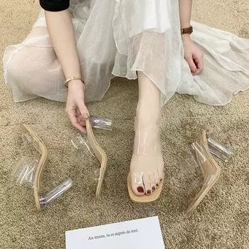 2024 new transparent heel high heel thick heel simple PVC cool slippers with open toe women s shoes---retail purchase 34