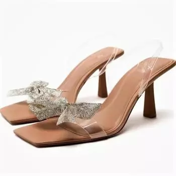 2024 New Transparent Stiletto Pumps Women Bowknot Outdoor Beach Party Sandals Fashion Rhinestone Sexy Wedding Square Toe Sandals 35 бежевый