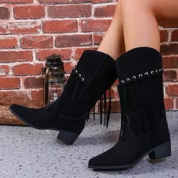 2024 New Trendy Women s Tassel Thick Heel Retro Suede Medium Heel Long Boots Women s Pointed Toe Zipper Fashion Boots 36 чёрный