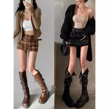 2024 New Two Wear Medium Boots Platform Knight Boots Thick Heel Short Boots Women s Small Martin Boots Locomotive Boots 35