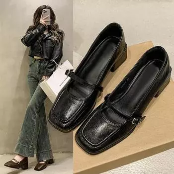 2024 New Versatile Brand High Heels for Women Sexy Square Toe Shallow Mouth Fashion Retro Solid Color Buckle High Heels 35 чёрный