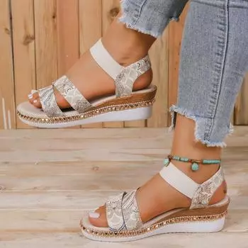 2024 New Versatile Color-blocked Open-toe Wedge-heeled Summer Women s Sandals with Elastic Straps for Comfortable Outer Wear 36