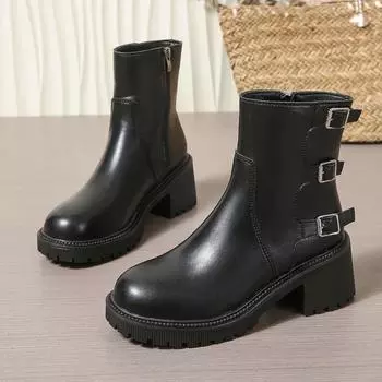 2024 New Versatile Women s Shoes Retro Knight Boots Solid Color Thick Sole Leather Ankle Boots Fashion Women s High Heels 36 чёрный