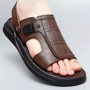 2024 New Vintage British Men Sandals Summer Beach Slipper Flats Soft Breathable Outdoor Sandals Leather Shoes Flip Flops Shoes 38 чёрный