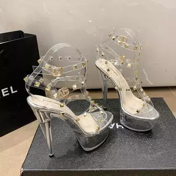 2024 new waterproof table transparent crystal outer high heel nightclub catwalk T table thin heel Roman rivet women s single sandals 34 серебряный