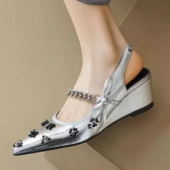 2024 New Wedges High Heeled Sandals,Women Summer Shoes,Back Hollow Out,Front Metal Chain,Pointed Toe,Black,Silver,Dropship 34 серебряный