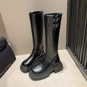 2024 Новые зимние джинсовые сапоги женские ретро коричневые с пряжкой на ремне с круглым носком высокие сапоги длиной до колена 35 чёрный