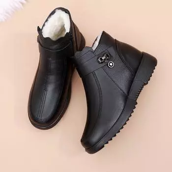 2024 new winter fashion woman Black fur leather ankle boots for women thick flats non-slip warm plush grandma cotton shoes 35 чёрный