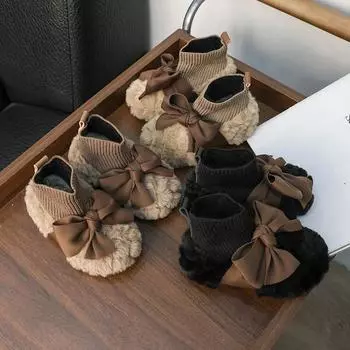 2024 New Winter Girls Cotton Boots Fashion Ankle Versatile Children Causal Socks Shoes Classic Simple Bowknot Kids Short Boots 21 чёрный