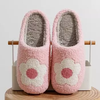 2024 New Winter Home Slippers Women and Men Cute Flower Embroidered Warm Soft Thicken Sole Houseshoes Bedroom Cushion Slides 37-38 розовый