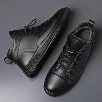 2024 New Winter Men Genuine Leather Boots Fur Warm Lace-Up Ankle Boots Outdoor Anti-Slip Snow Shoes Lace-up Casual Walking Shoes 37