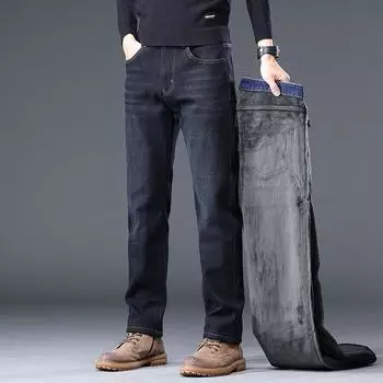 2024 New Winter Men S Plush Jeans High End Business Straight Fit Loose Elastic Casual Pants 28 темно-синий