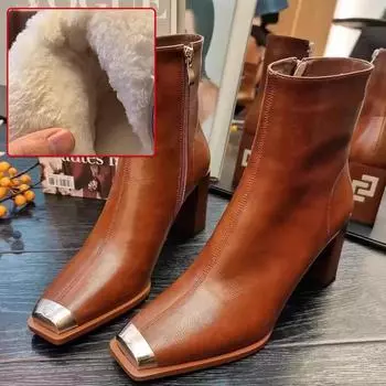 2024 новые зимние кожаные ботинки с металлическим каблуком и толстым каблуком, непромокаемые ботинки из французского утолщенного флиса из овечьей шерсти [с золотой этикеткой] 34