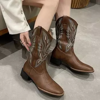 2024 New Winter Mid-calf Embroidered Boots for Women Square Toe Fashionable and Comfortable Thick Heel Short Knight Boots 35