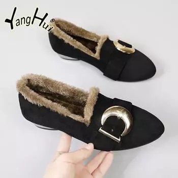2024 New Winter Plus Velvet Keep Warm All-match Flat Bottom Women s Shoes Fashion Retro Mary Janes Khaki Color Pumps Women 35 чёрный