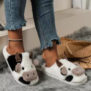 2024 New Winter Women s Cartoon Cow Warm Plush Slippers Indoor Non-Slip Home Women s Baotou Cotton Slippers Women 36-37