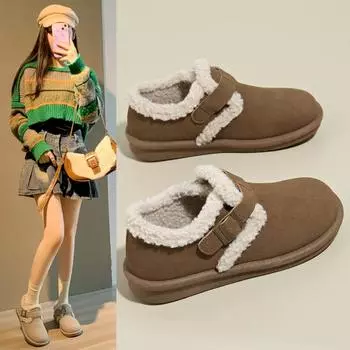 2024 New Winter Women s Plush Warm Fashion Retro Women s Flat Cotton Shoes Thick Sole Women s Snow Boots 35 бежевый