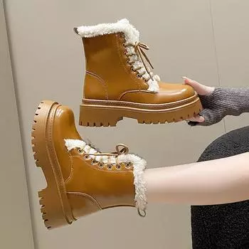 2024 New Winter Women s Thick-soled Plush Warm Fashionable and Comfortable Retro Suede Casual Lace-up Cotton Boots 35 чёрный